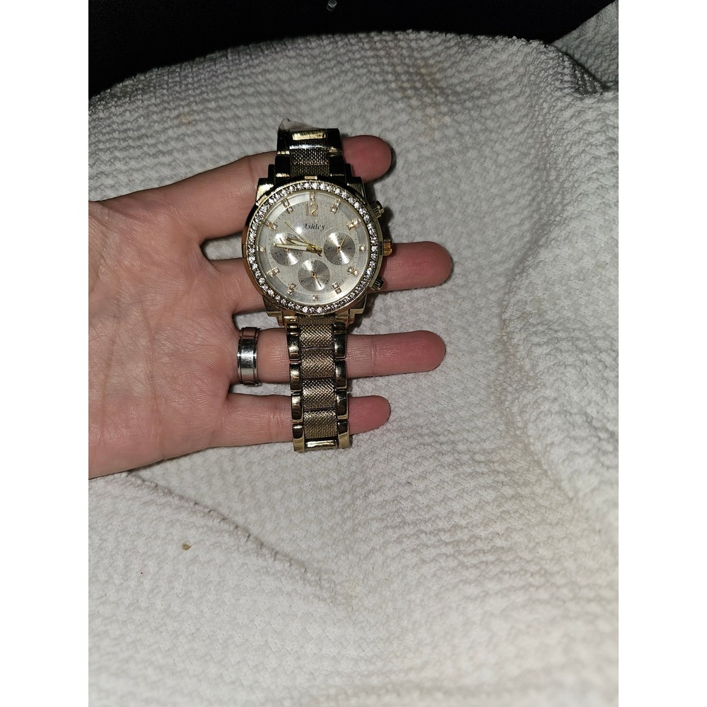 Ashley Gold Tone Rhinestone Bezel Watch Decorative Chronograph Sunray Dial